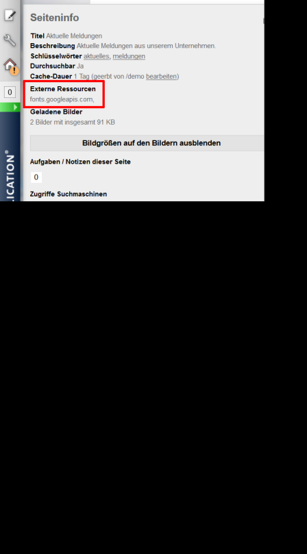 Anzeige der extern eingebundenen Ressourcen