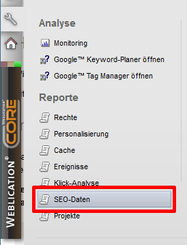 Aufruf SEO-Daten Report in Weblication®