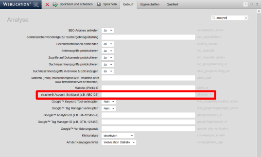 etracker® Analytics Code in Weblication® Projektkonfiguration eintragen