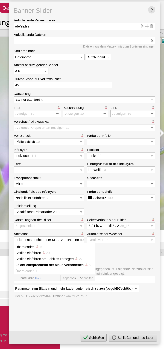 Einstellung für Banner, Slider: Neue Animation "Leicht entsprechend der Maus verschieben"