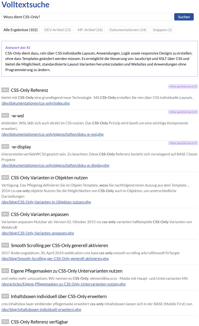 KI-Suche in dev.weblication.de: Ergebnisse auf Frage "Wozu dient CSS-Only?" KI-Suche in dev.weblication.de: Ergebnisse auf Frage "Wozu dient CSS-Only?"