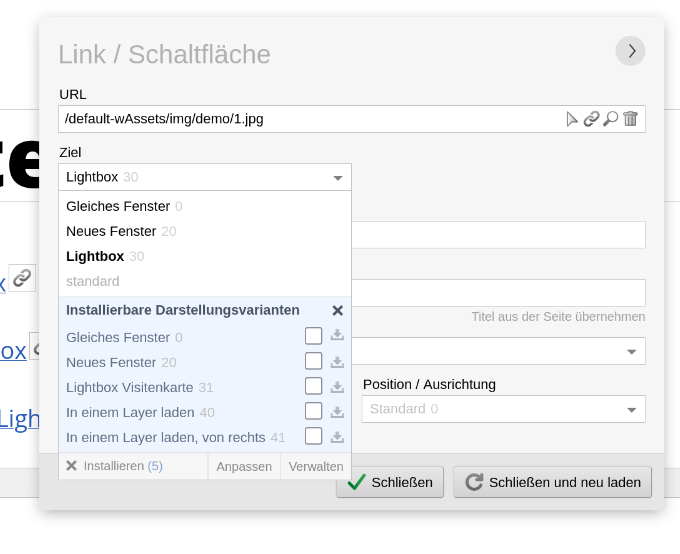 Akkordeon-Container: Geöffneten Inhalt als Layer rechts am Bildschrim