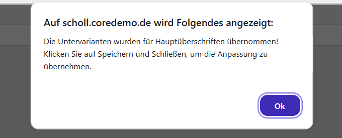 Bestätigung, dass Untervarianten für die Hauptüberschriften übernommen wurden.