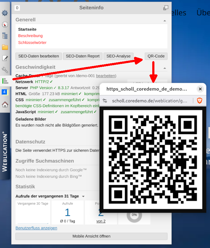 Version 20: Panel: In Seiteninfo QR-Code der aktuellen Seite generieren