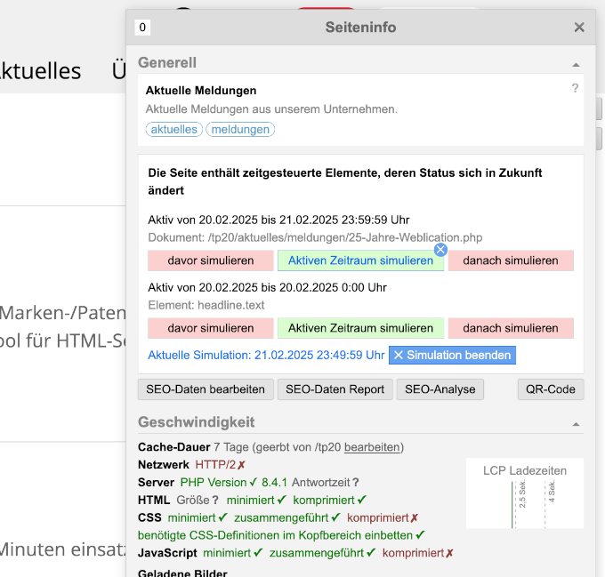 Version 20: Panel: Seiteninfo - Zeitgesteuerte Listeneinträge, eingebundene Seiten aufgelistet