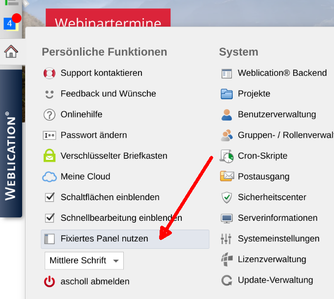 Einstellung: Version 20: Bedien-Panel permanent vollständig links anzeigen