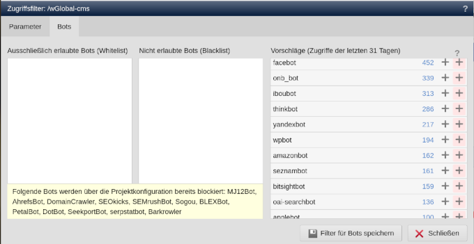 Zugriffsfilter: Bots überwachen sowie über Black-/Whitelists blockieren