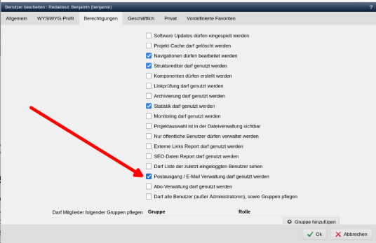 Redakteure können Berechtigung auf E-Mail Verwaltung erhalten