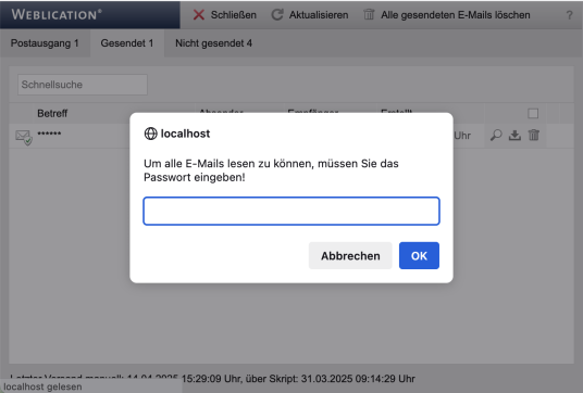 Eingabe des Passworts zum Abrufen der verschlüsselt gespeicherten Mails