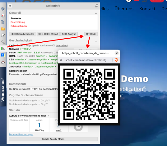 Panel -In Seiteninfo QR-Code der aktuellen Seite generieren