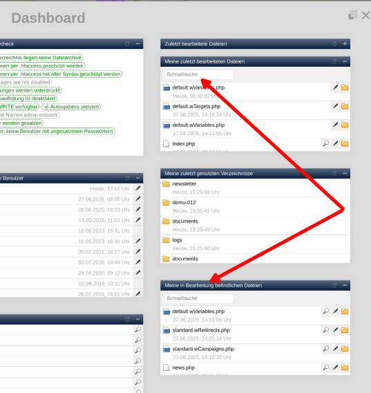 Dashboard: Zuletzt bearbeiteten Dateien filtern
