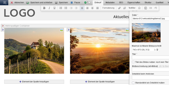 Ergebnis in Website: Bildausschnitte beider Bilder sind in identischer Göße