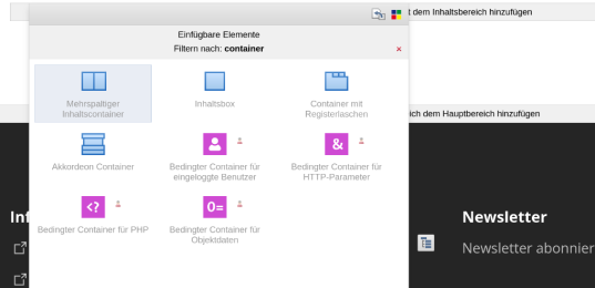 Bei Elementeauswahl im Editor wird nun auch die Eingabe des Typs - hier container - berücksichtigt