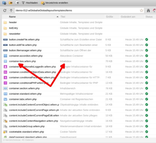 Elemente sind in Weblication mit Dateiname und Titel abgelegt. Der Typ ist im Dateiname sichtbar.