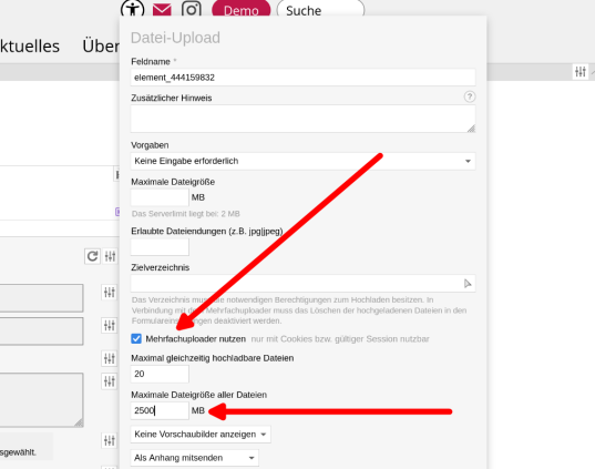 Formulare: Für Mehrfach-Uploader Gesamtgröße Uploads einstellen