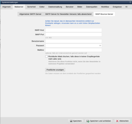 Bounce Management: Bounce-E-Mail-Adresse angeben, an die Rückläufer gesendet werden