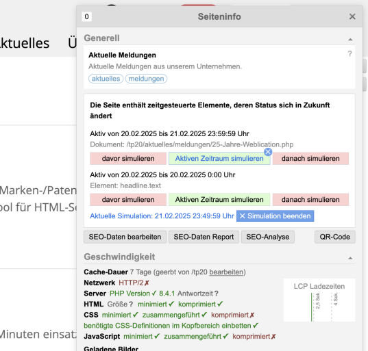 Seiteninfo zeigt zeitgesteuerte Listeneinträge und eingebundene Seiten