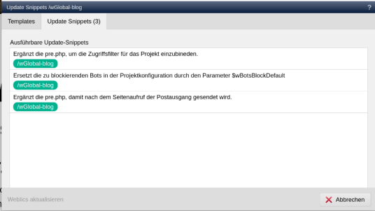 Projektaktualisierung: Update-Snippets