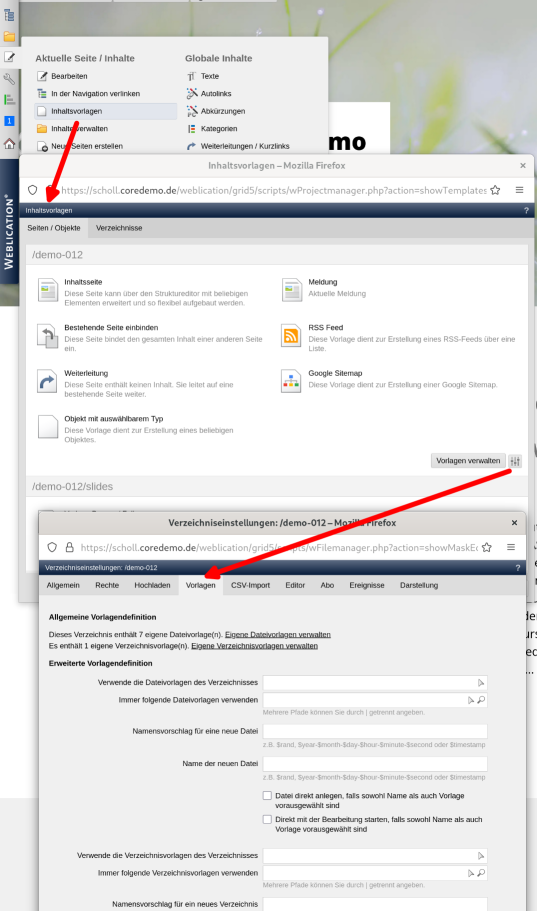 Vorlagenverwaltung: Vorlagen Einstellungen direkt erreichbar