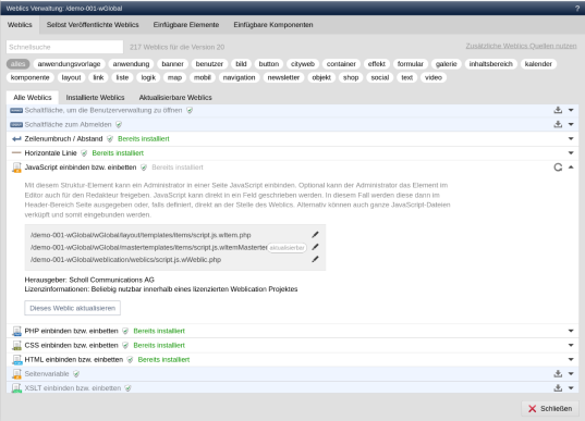 Bei Weblic® Update werden aktualisierbare Dateien markiert