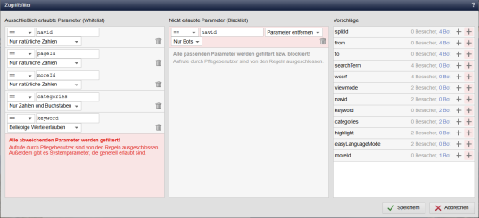 Maske zu Einstellung der Zugriffsfilter