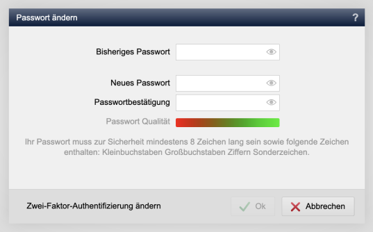 Benutzer kann über die Passwort-Ändern Maske die 2-Faktor-Authentifizierung ändern