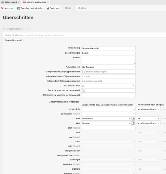 IDE: Ebenenabhängige Untervarianten in Überschriften über Maske zuordnen